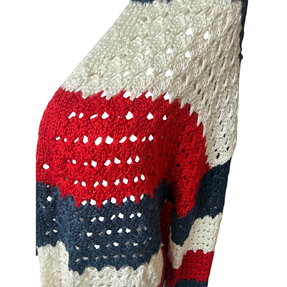 Crochet‎ Fourth of July Open Knit Cardigan Sweater XL Red White Blue Striped - Picture 6 of 11